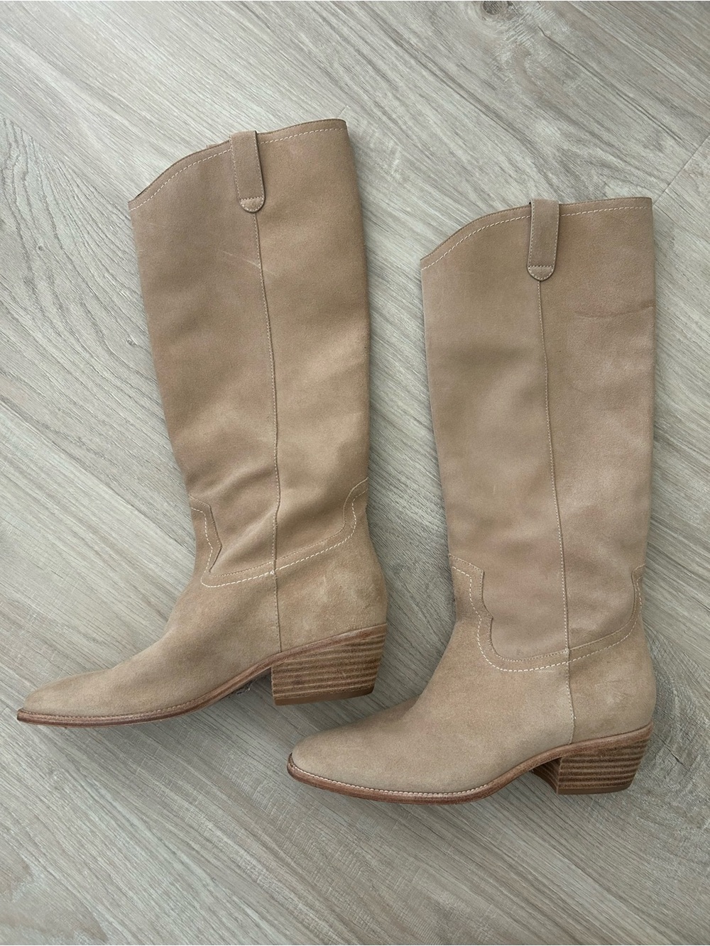 PAIGE Knee-High Suede Western Boots in Beige